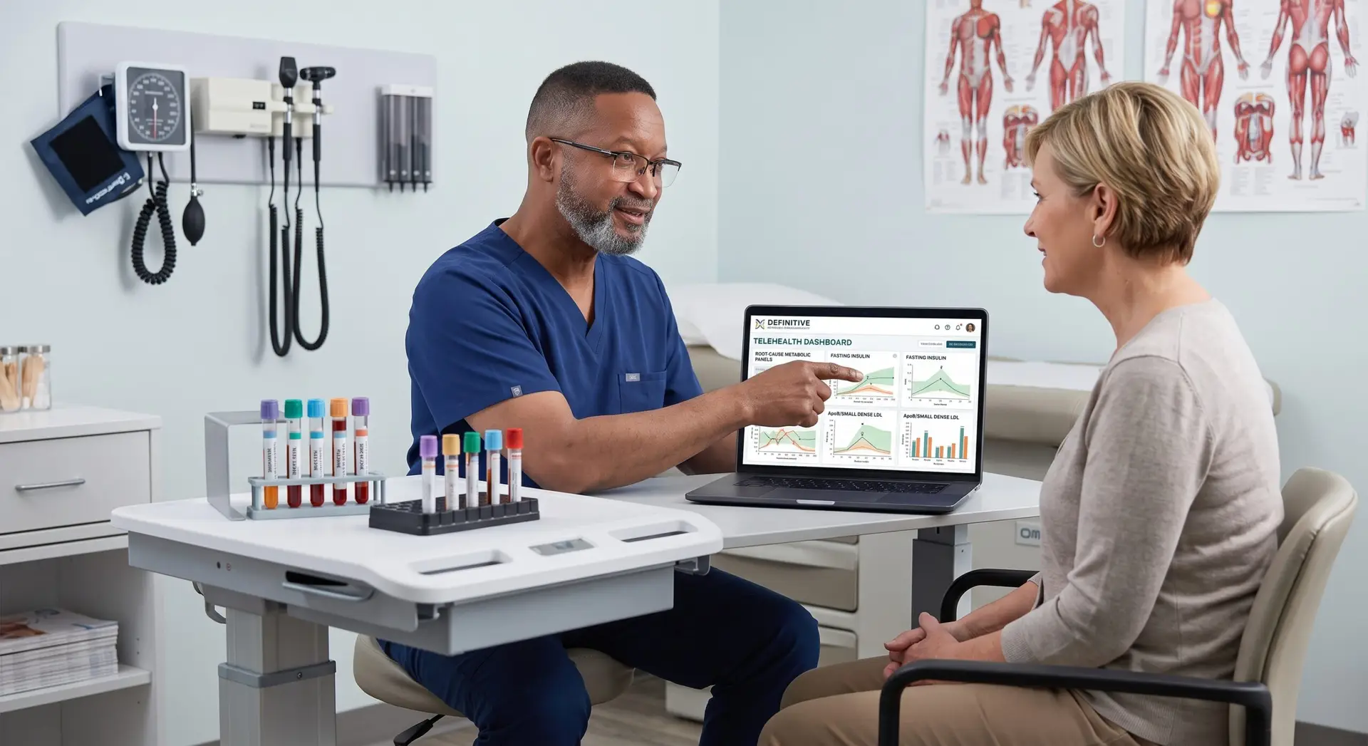 Howard Thompson, MS, APRN, FNP-BC, wearing navy blue scrubs and glasses, seated at a desk consulting with a female patient. He is pointing to a laptop screen displaying a telehealth metabolic dashboard with lab graphs, with colorful blood collection tubes positioned on the table in front of him.