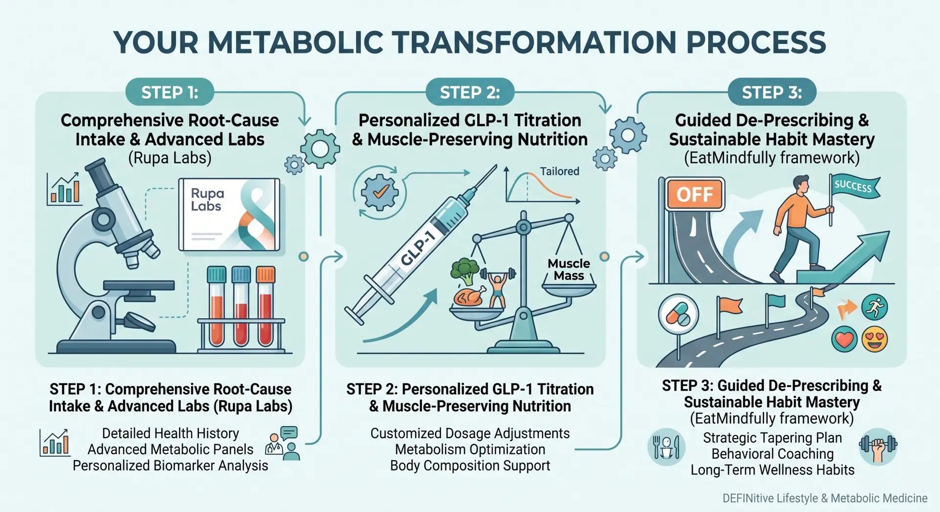 An infographic titled 'Your Metabolic Transformation Process' displaying a 3-step care model. Step 1 shows a microscope, lab tubes, and a Rupa Labs folder for root-cause testing. Step 2 illustrates a GLP-1 syringe balanced with healthy food and weights for personalized titration and muscle preservation. Step 3 depicts a person walking up a winding path away from prescription pills toward a success flag, representing guided de-prescribing and habit mastery.